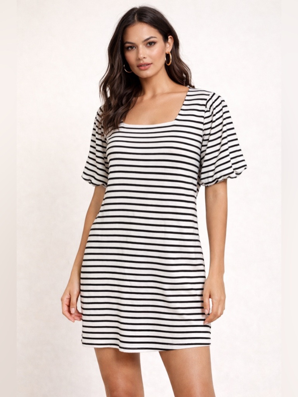 Skies Are Blue Black and White Striped Square Neck Dress